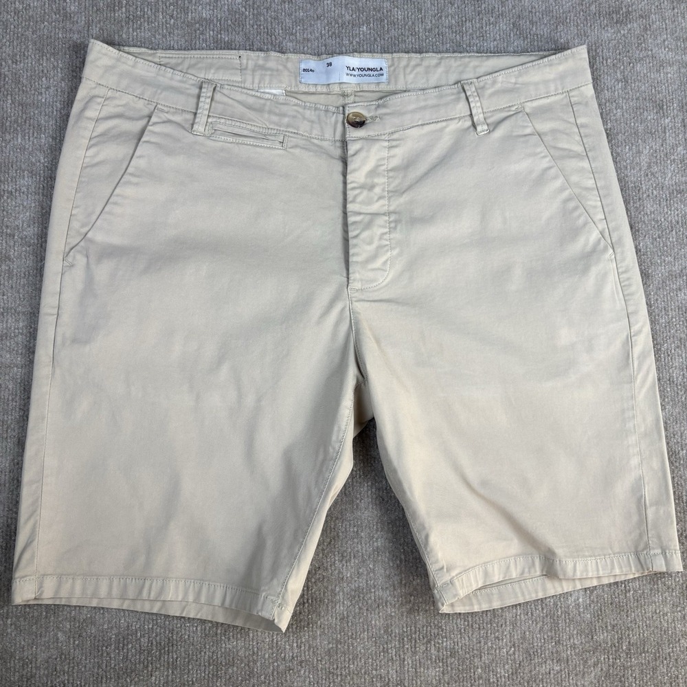 YoungLA Men's Khaki Chino Shorts Size 38 Beige Casual Flat Front Stretch